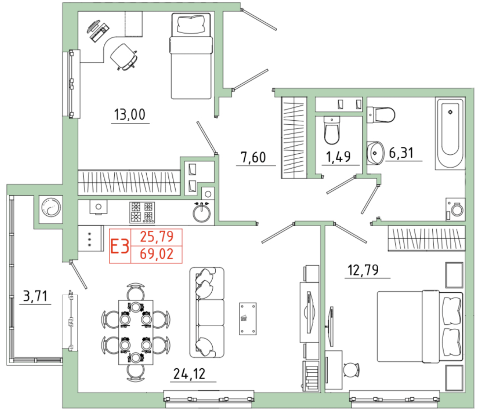 2 этаж 3-комнатн. 69.02 кв.м.